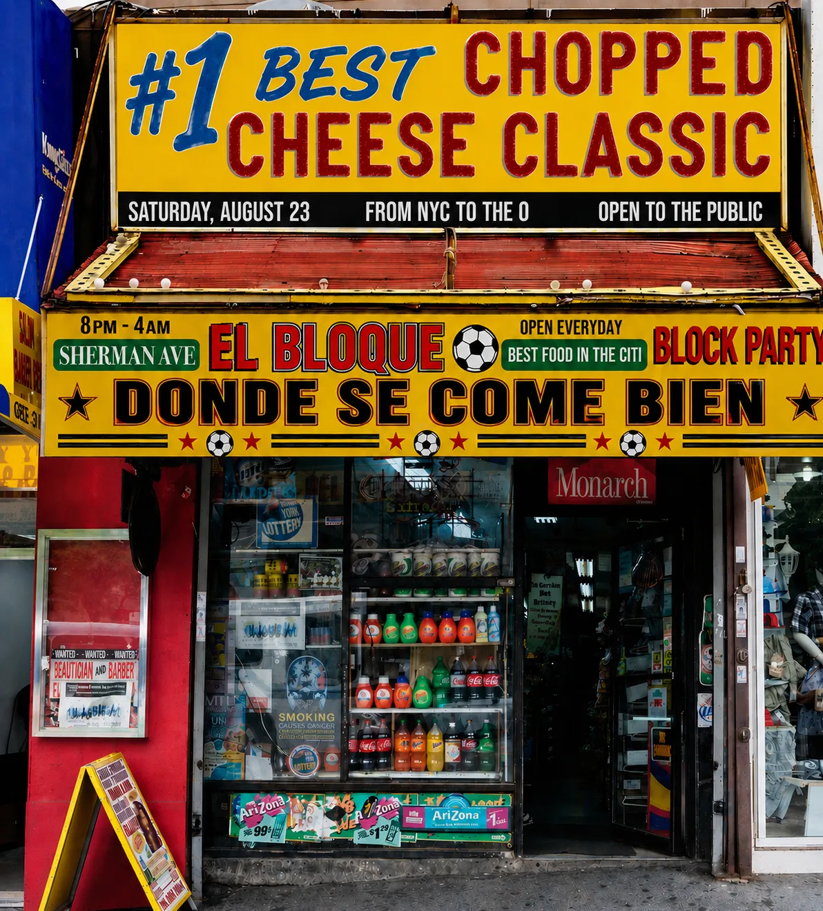 El Bloque's storefront: two hand-painted yellow boards reading number one best chopped cheese classic and El Bloque, donde se come bien, split by a red corrugated awning with bare bulbs